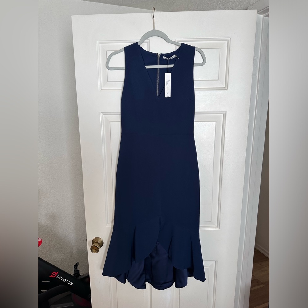 NWT Alice + Olivia fitted midi dress, high low hem - sapphire, size 6